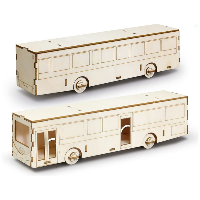 A wooden model bus in a natural finish, featuring detailed cutouts and wheels, with a branded logo.