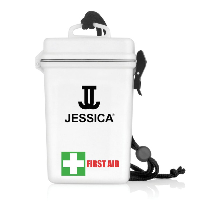 A waterproof white first aid kit features a black logo and a green plus sign with "FIRST AID" label.