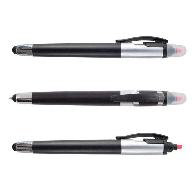 A set of three black stylus pens with silver accents, featuring a highlighter at one end. Each pen has a clip.