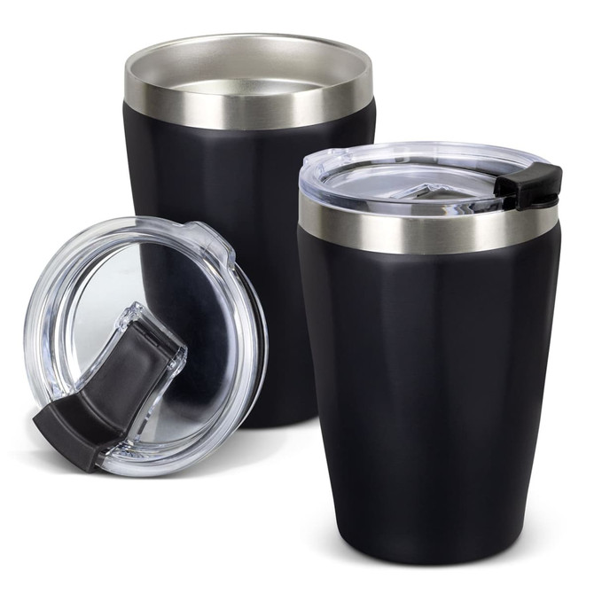 A drink bottle set featuring two black stainless steel vacuum tumblers with silver accents and clear lids. A drink bottle set featuring two black stainless steel vacuum tumblers with silver accents and clear lids.