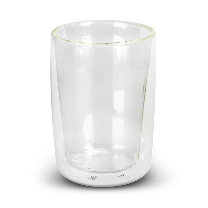 A double wall glass vessel with a clear design, featuring a smooth finish and a branded logo. A double wall glass vessel with a clear design, featuring a smooth finish and a branded logo.