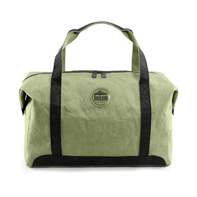 A green kraft paper travel bag with black accents and handles, featuring a logo on the front.