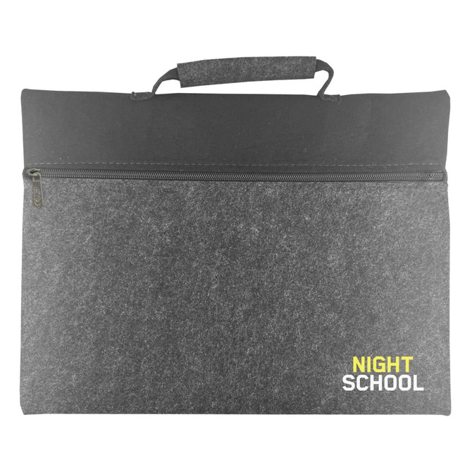 A grey felt carry case with a black top, featuring a handle and a logo on the side.