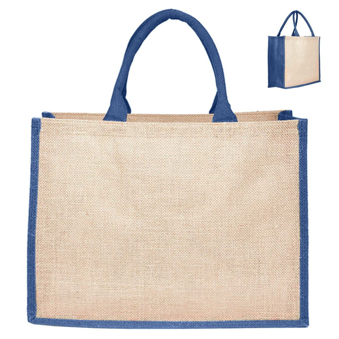 A jute bag in natural beige with navy blue handles and trim, featuring a logo.