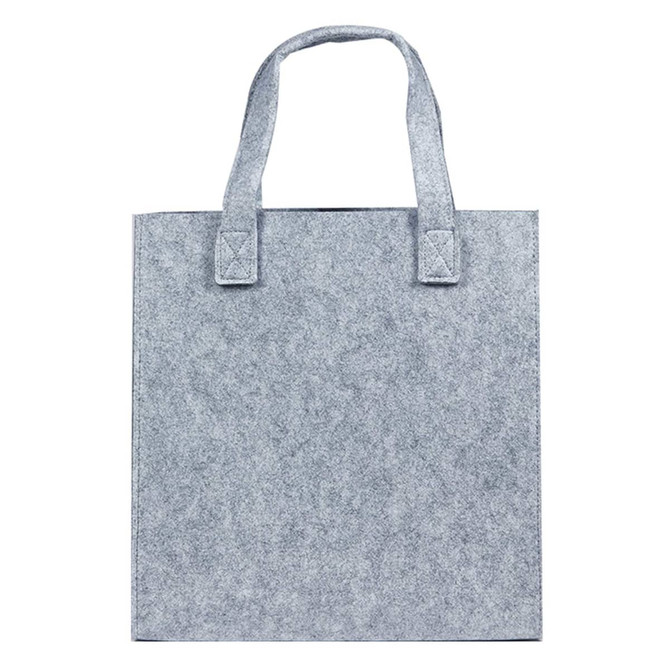 A grey felt tote bag with sturdy straps and a simple, clean design. It features branding on one side.