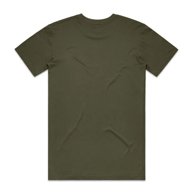 An olive green t-shirt with a plain back and short sleeves, featuring a logo.