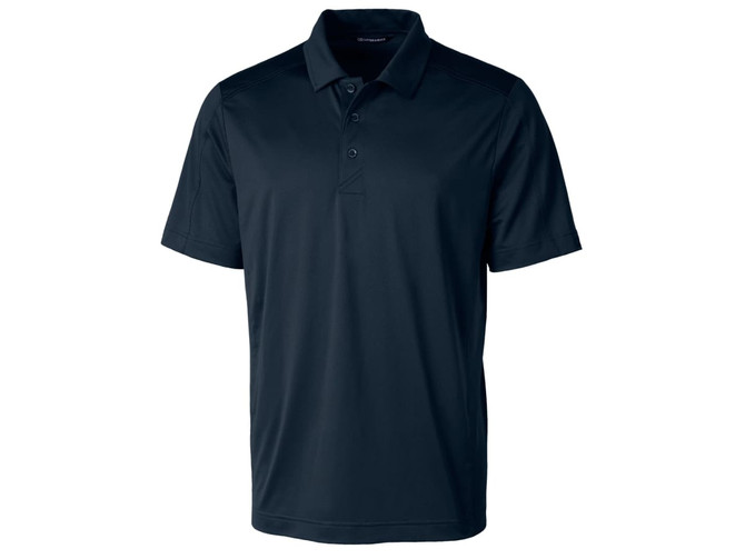 A dark navy polo shirt featuring a collar, buttons, and short sleeves, with a logo on the chest.