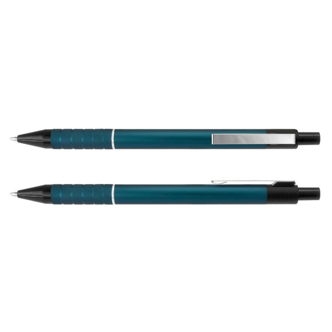 A metal pen in a teal colour with a textured grip and a silver clip, featuring a logo.