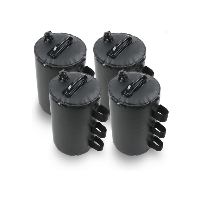 A set of four black weight bags with handles and screw-top openings, designed for stability during events.