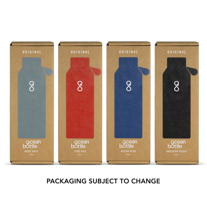 A drink bottle set featuring four colours: rock grey, fine red, ocean blue, and obsidian black, with branded packaging.