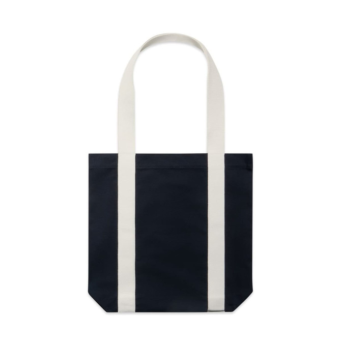 A navy tote bag with white stripes and handles, featuring a simple design and a branding logo.