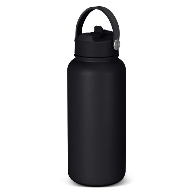A drink bottle in matte black, featuring a handle and a sealed cap, with a logo on the front.