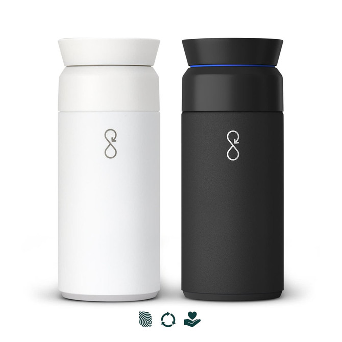 A drink bottle set featuring a white and a black travel mug, each with a logo and a sleek design.