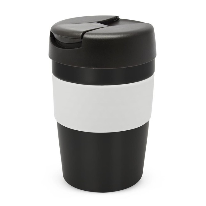 A drink bottle featuring a black exterior with a white band and a black, hinged lid. The capacity of the cup is 340ml.
