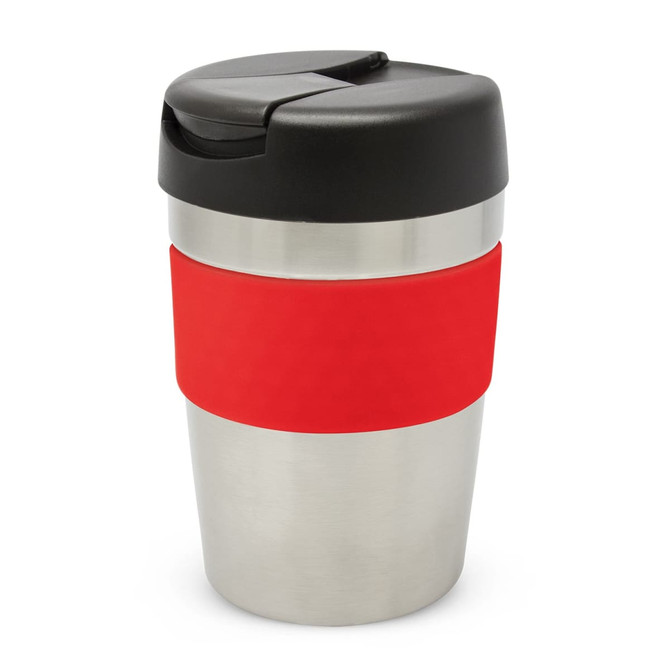 A drink bottle featuring a stainless steel body, black lid, and red silicone band. Contains a logo.