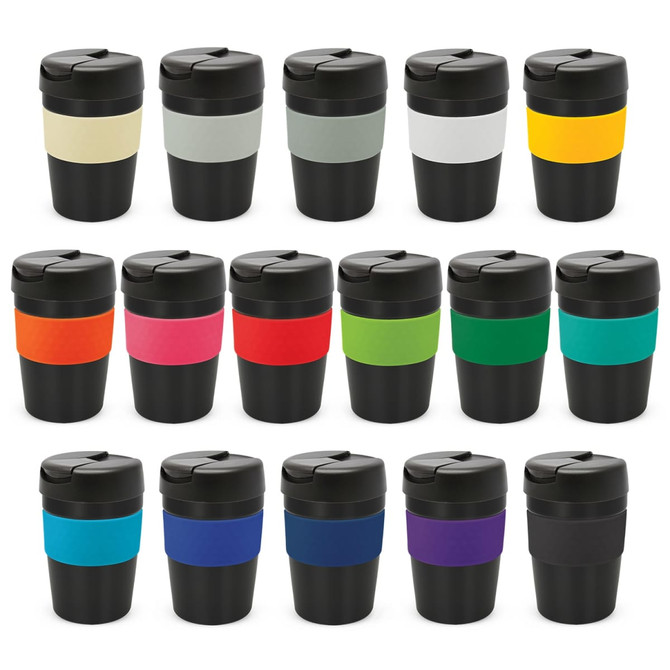 A drink bottle collection featuring various colours with black lids and bands, all displayed in a grid layout.