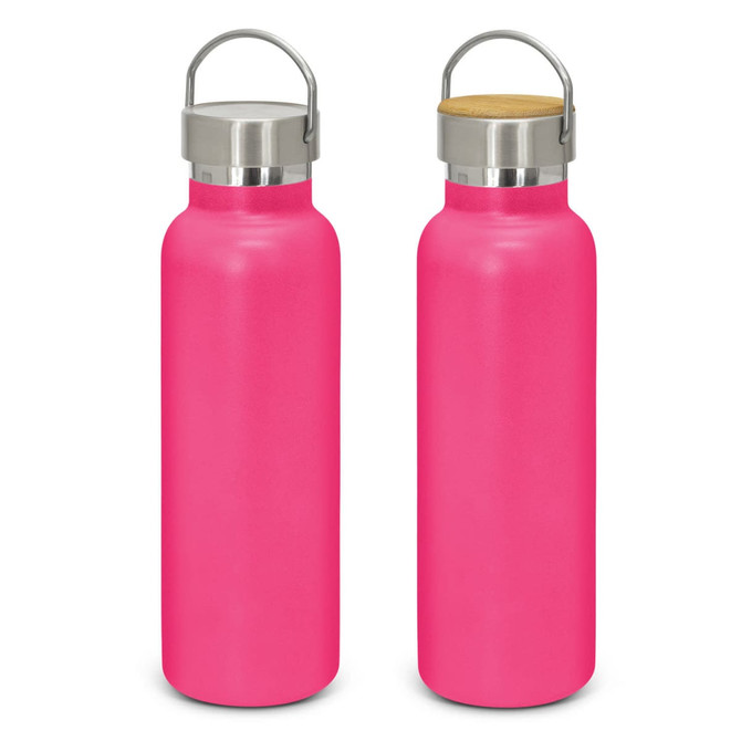 A drink bottle in vibrant pink with a stainless steel lid and a wooden accent. Features a branding logo.