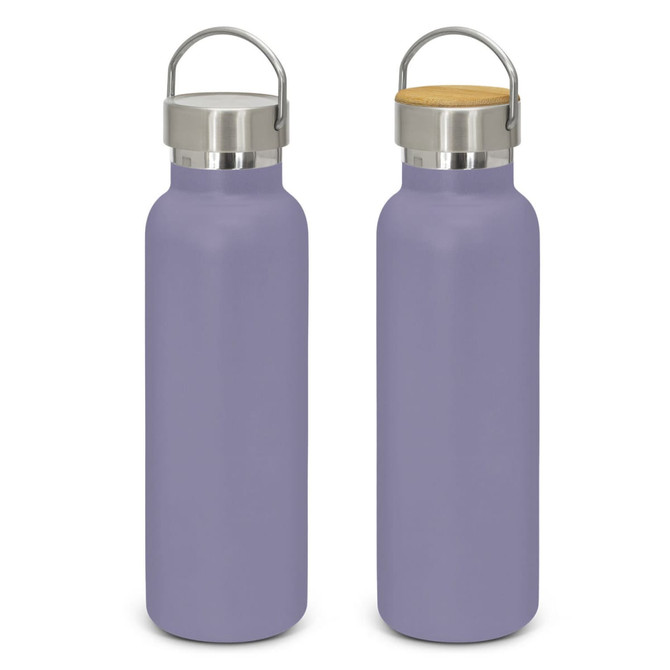 A drink bottle featuring a powder-coated lavender exterior, stainless steel top, and wooden lid, with a logo.