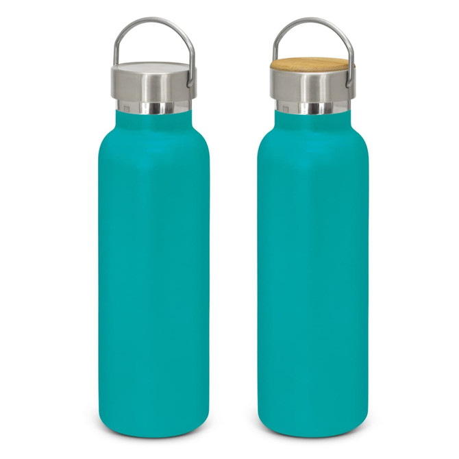 A drink bottle in a vibrant teal colour with a stainless steel lid and a wooden top, featuring a logo.