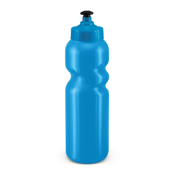 A drink bottle in a vibrant blue color with a squeeze design and a flip-top spout.