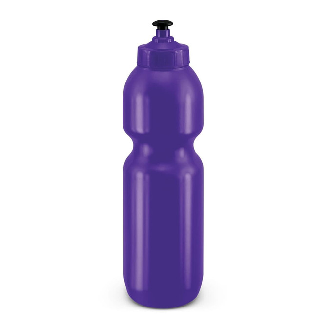 A drink bottle in vibrant purple with an easy-squeeze design and a black cap. A drink bottle in vibrant purple with an easy-squeeze design and a black cap.