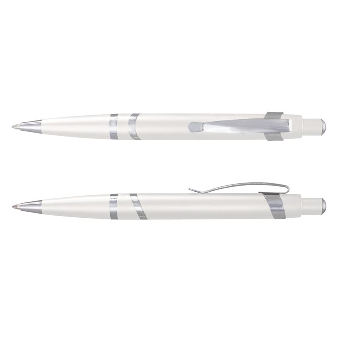A white plastic pen with silver accents, featuring a clip and a smooth writing tip, plus an additional view of the same pen.