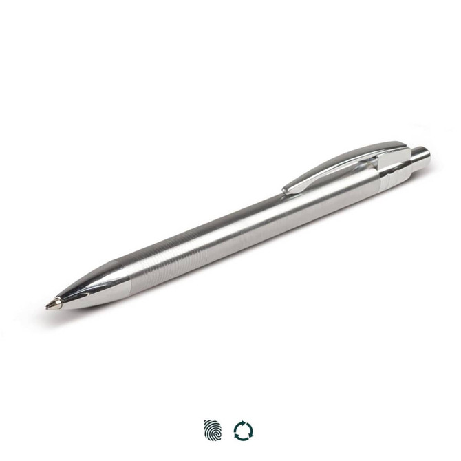 A recycled stainless steel pen with a sleek, metallic finish and a clip. It features a logo on the barrel.