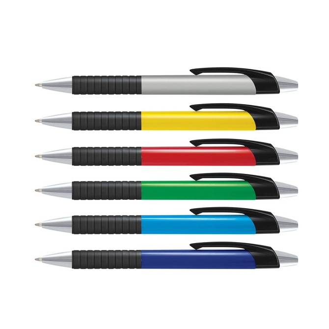 A collection of plastic pens with coloured barrels in silver, yellow, red, green, and blue, featuring black grips and a logo.