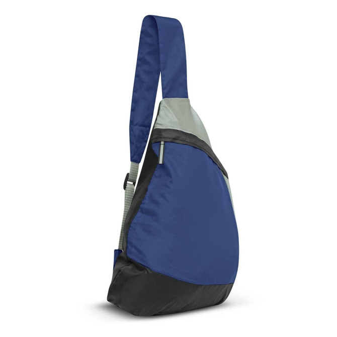 A sling bag featuring a blue and gray design with a single shoulder strap and a black bottom section.