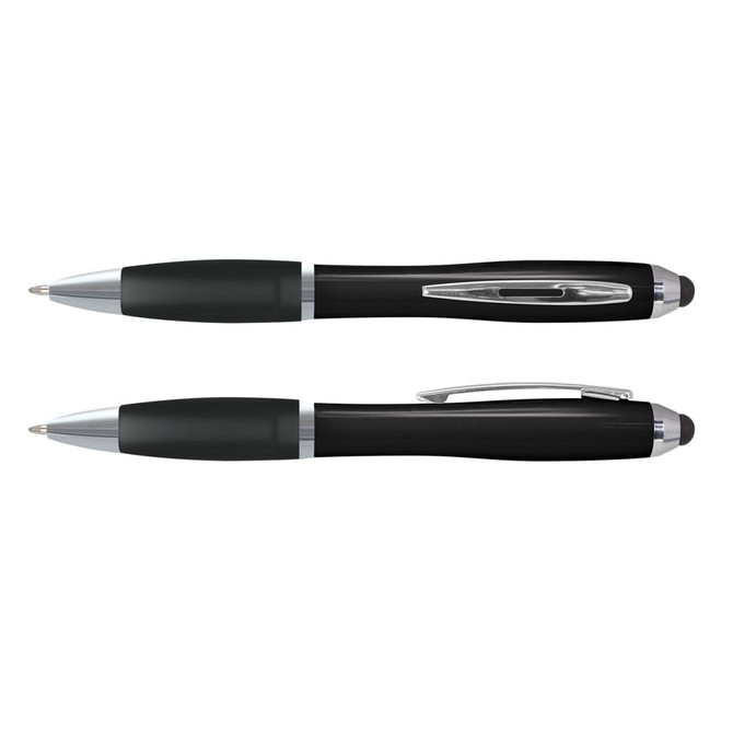 A black stylus pen with silver accents, featuring a logo, positioned at two angles.