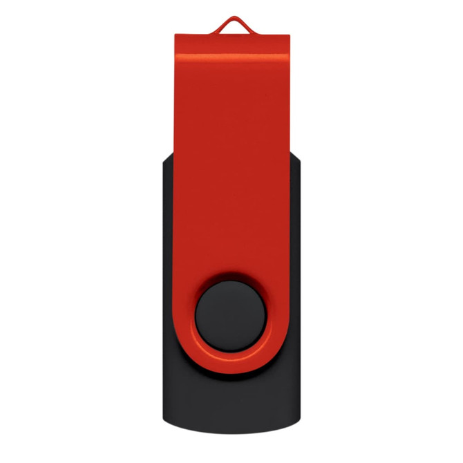 A red and black Helix 16GB flash drive with a swivel design and a circular button. It features a logo.