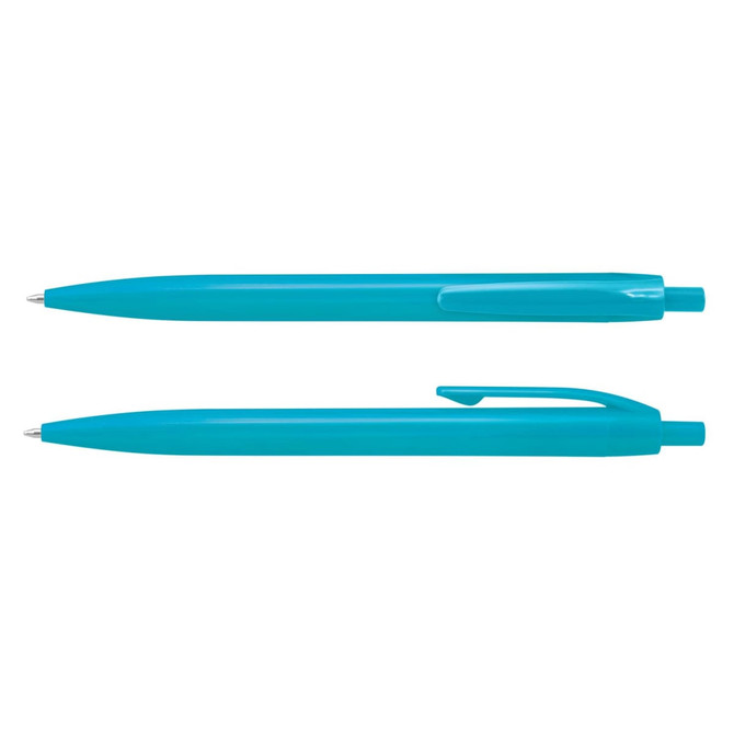 Two turquoise plastic pens with a smooth surface and click mechanism, featuring a simple design and a branding logo.