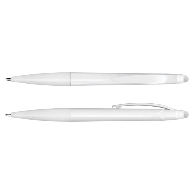 A white stylus pen featuring a sleek design and a logo, ideal for writing and touchscreen use.