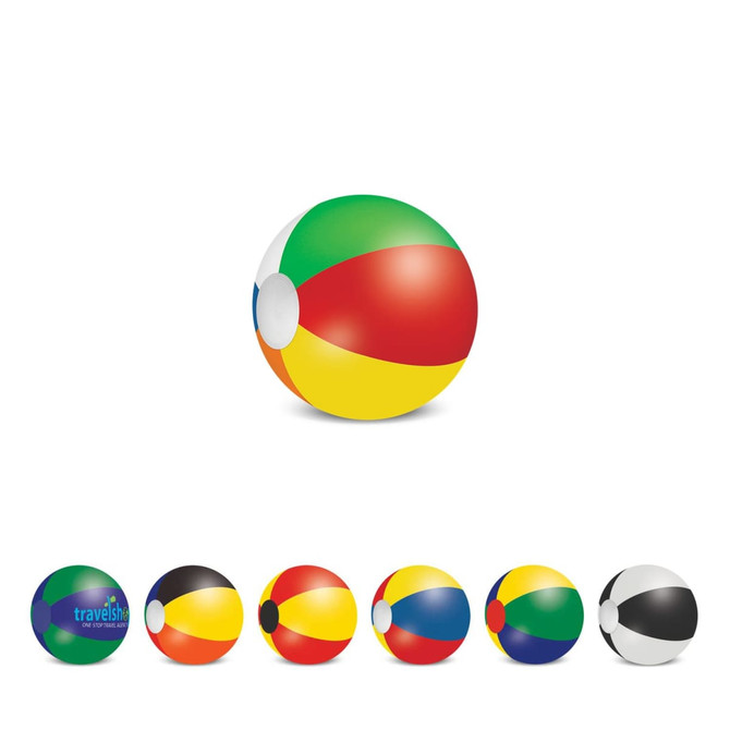 A colourful beach ball featuring red, yellow, green, and blue panels, with a logo visible on the ball.