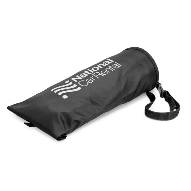 A black storage bag with a strap, featuring the logo of National Car Rental.