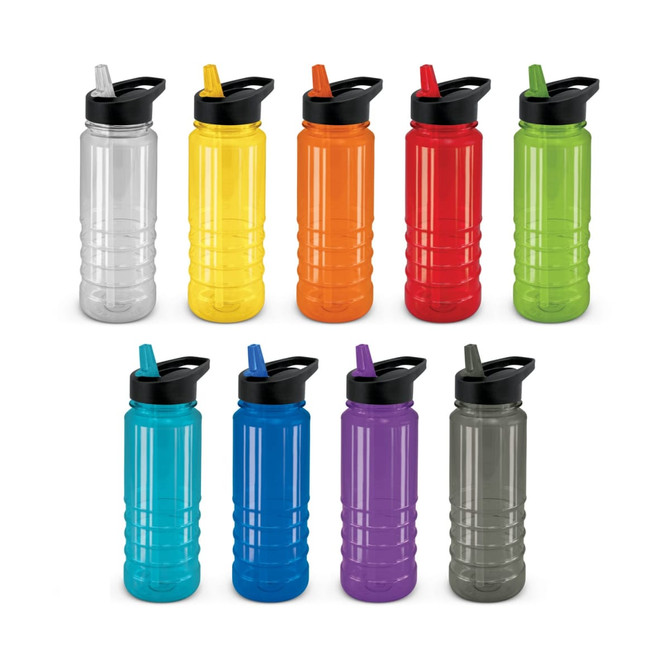 A drink bottle collection displaying various colours including clear, orange, yellow, green, blue, purple, and grey, with black lids.