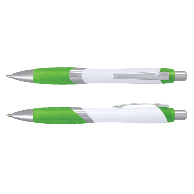 A Borg Pen featuring a white barrel with green accents and a textured grip. The pen includes a silver clip and tip.