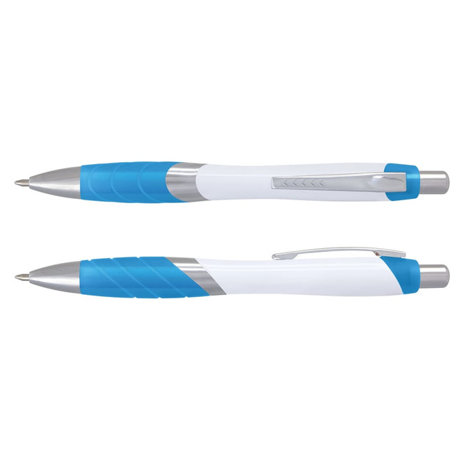 A plastic pen with a white barrel and blue grip, featuring a silver clip and accents. Two angles of the pen are visible.