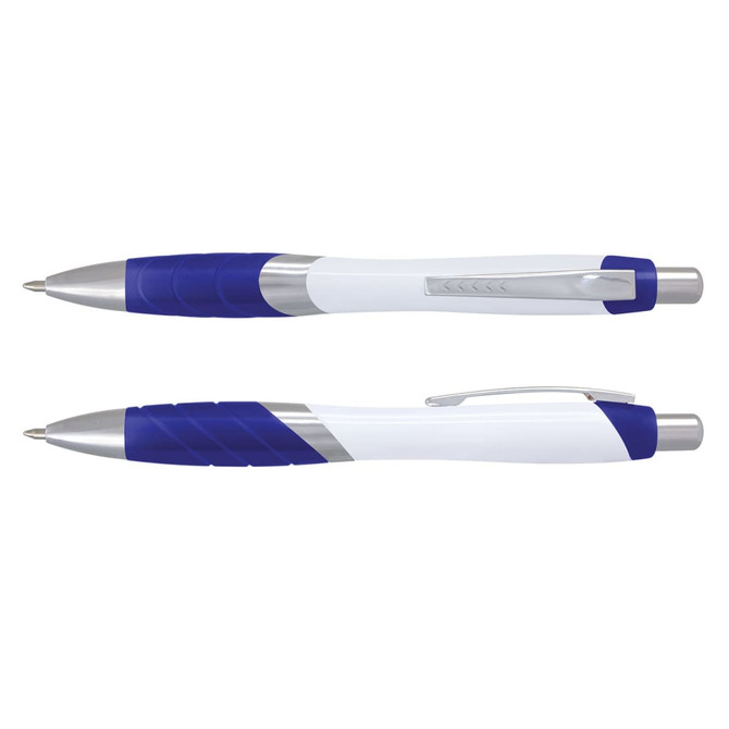 A blue and white plastic pen with a silver clip and grip, featuring a branding logo.