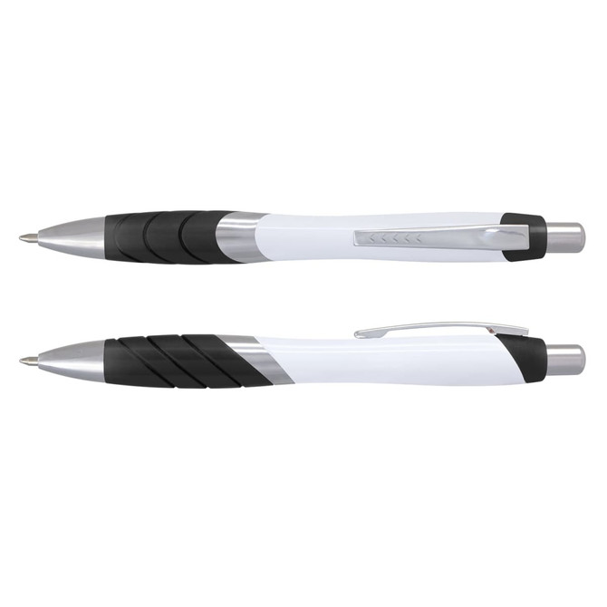 A white barrel pen with black grip and silver accents, featuring a logo on the side.