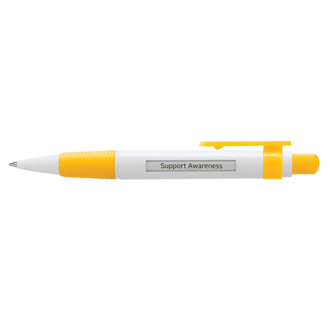 A plastic pen in white and yellow with a prominent window display and a clip for attaching.