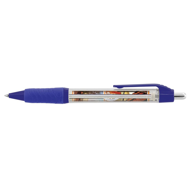 A blue plastic pen with a transparent barrel featuring colourful images inside and a silver clip.