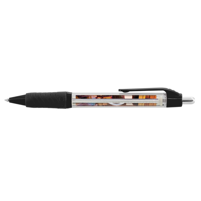 A plastic pen featuring a clear barrel, black grip, and a coloured design within the casing. It has a clip and chrome accents.