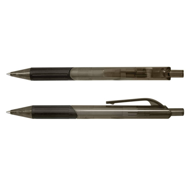 A plastic pen in black and grey, featuring a clear barrel and a clip for easy attachment.