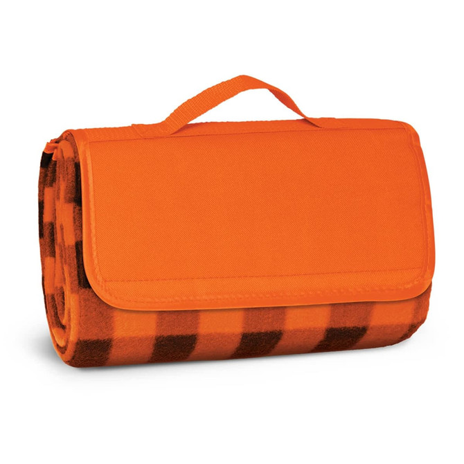 An orange picnic blanket with a checkered pattern, compactly folded with a carry handle.