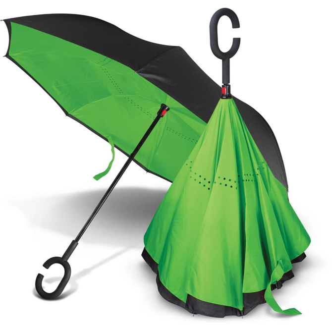 An inverted umbrella featuring a vibrant green and black design, with a curved handle and a sleek, modern look.