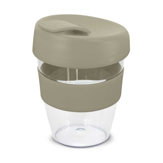 A drink bottle in green and clear, featuring a lid and silicone grip, branded with a logo. Holds 350ml.