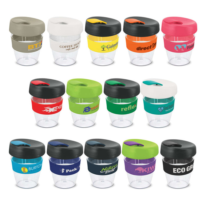 A collection of various drink bottles in different colours, with silicone lids and bands, featuring multiple logos.