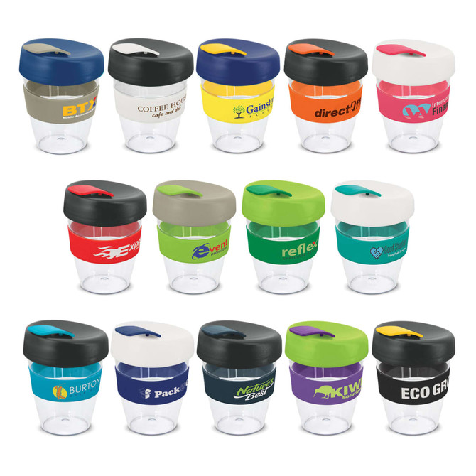 A range of reusable drink bottles in various colours with lids, featuring different logos and designs.
