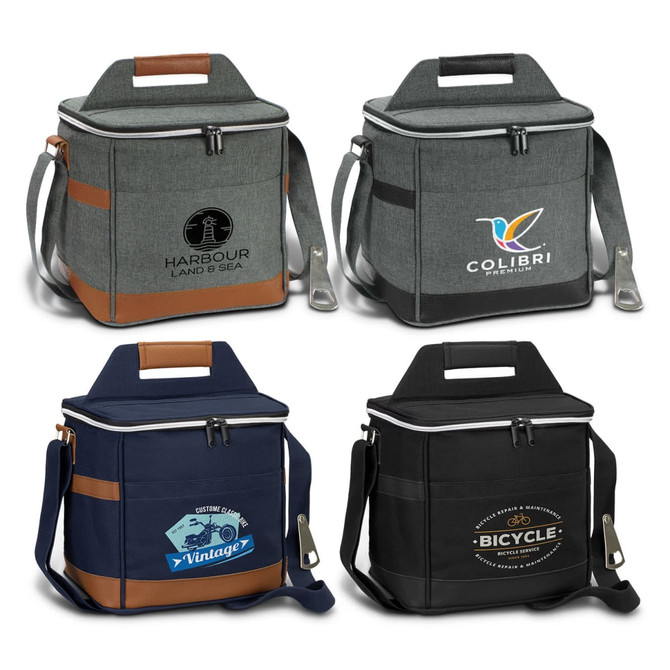 A collection of cooler bags in grey, navy, and black, featuring various logos and brown accents.